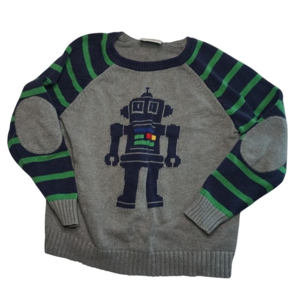 Hanna Andersson Robot Striped Sweater Size 120 - Gray Green Elbow Patches